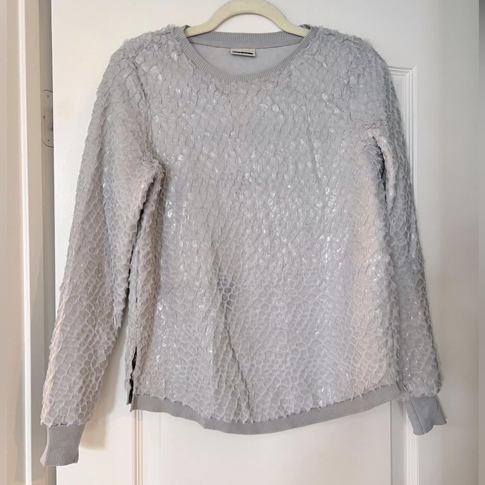 Gray crewneck with fish scale detail, size small